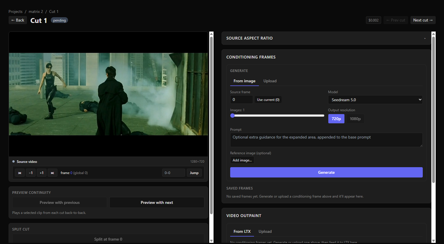 The outpainting tool's cut editor: a source clip on the left with frame navigation, and panels on the right for aspect ratio, conditioning frame generation, and video outpainting.