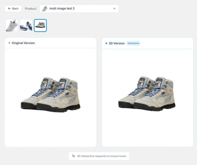 A side by side compare view showing a product's original photo next to its interactive 3D version.