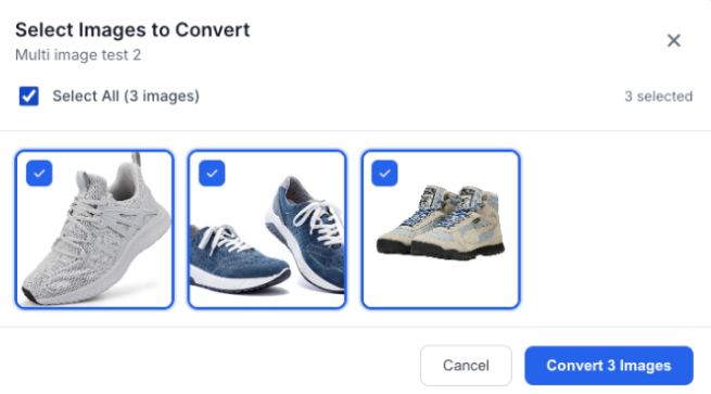 A dialog for choosing which of a product's photos to convert, with three shoe photos selected and a Convert 3 Images button.