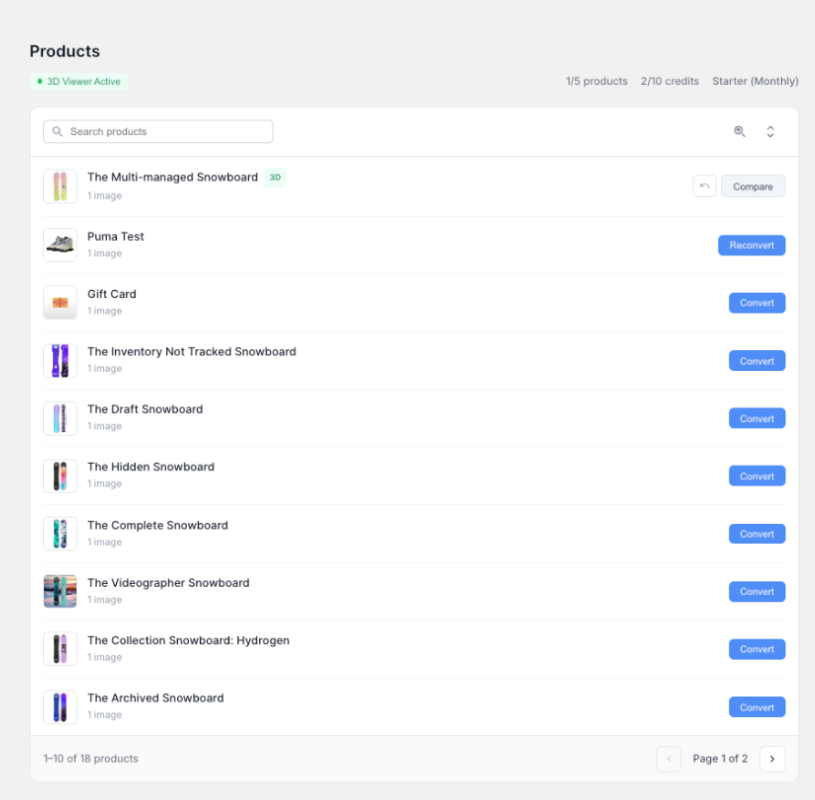 The merchant dashboard listing products, each with its own Convert button, with conversion credits and the current plan shown along the top.